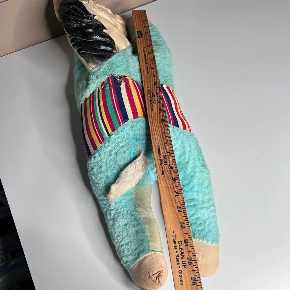 Vintage 1950s Carnival Prize Plush Horse‎ Rubber Head Teal Blue Striped Saddle